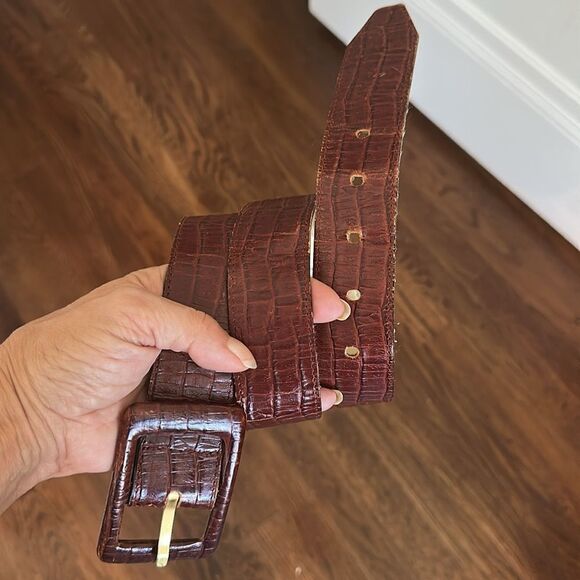 Vintage 80s Mondi Brown Wide Leather Belt with Crocodile Embossed Texture - Picture 5 of 7